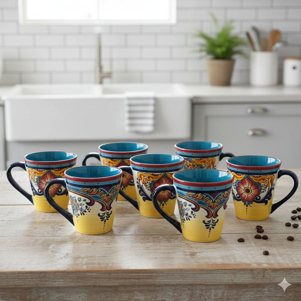 Vibrant Yellow‎ and Blue Dining Mugs Set of Seven
